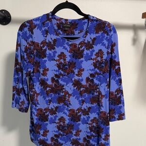 J. Jill Blue Floral 3/4 Sleeve Crewneck Top with Brown Accents